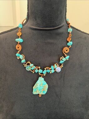 Turquoise Stone Pendant Necklace with Copper Accents - Women Jewelry